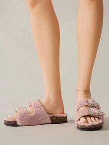 Solecia 香槟色闪光材质舒适厚底平底凉鞋，适合度假、居家和休闲外出 - 粉色 - 查看 11