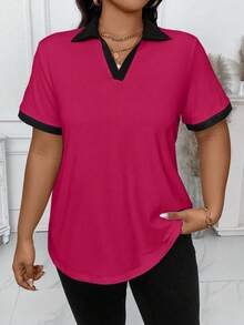 Elenzga Große Größen Lässig Farbblock Saum Kurzarm T-Shirt Grafik Oberteile Damen - Rot - Übersicht 4