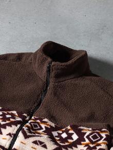 Manfinity EMRG Men's Long Sleeve Vintage Stand Collar Zip-Up Casual Jacket Brown Earthy Western Fleece Jacket Southwestern Fleece Jacket , Fall Winter