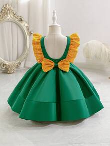 Glamorique Kids Girls Christmas Princess Dress,Sage Green,Summer,Elegant,7th Birthday Party Wear Santa New Year's Dress Satin Gold Sequin Flutter Sleeves Bow Back - Dark Green - View 2