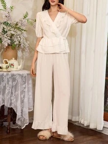 Côtesoire 法式优雅荷叶边女士睡衣套装 - 白色 - 查看 5