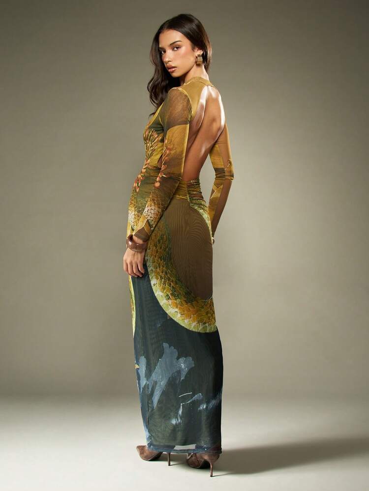 MISSGUIDED Luksusowa, siateczkowa sukienka maxi z długim rękawem i wysokim dekoltem, z nadrukiem węża, z odkrytymi plecami, wieczorowa, do kostek, dopasowana, na specjalne okazje, jesienno-zimowa