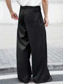 Claim Dot 男士黑色双腰带设计休闲直筒裤男士正装裤男士百褶裤男士阔腿裤男士高腰裤宽松裤，适合秋季，复古风 - 黑色 - 查看 2