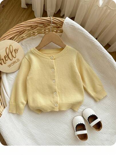 SHEIN 女宝宝纯色圆领长袖休闲针织开衫，秋季