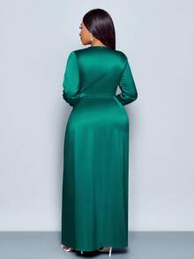 SOLERSUN 女士优雅纯色褶边缎面紧身连衣裙，适合约会派对长款女装 - 墨綠色 - 查看 2