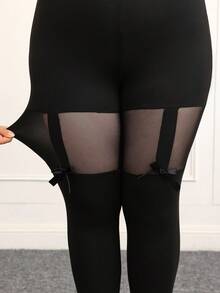 CovetEZ Plus Size Fashionable Sheer Mesh Contrast Bow Decor Leggings, Summer