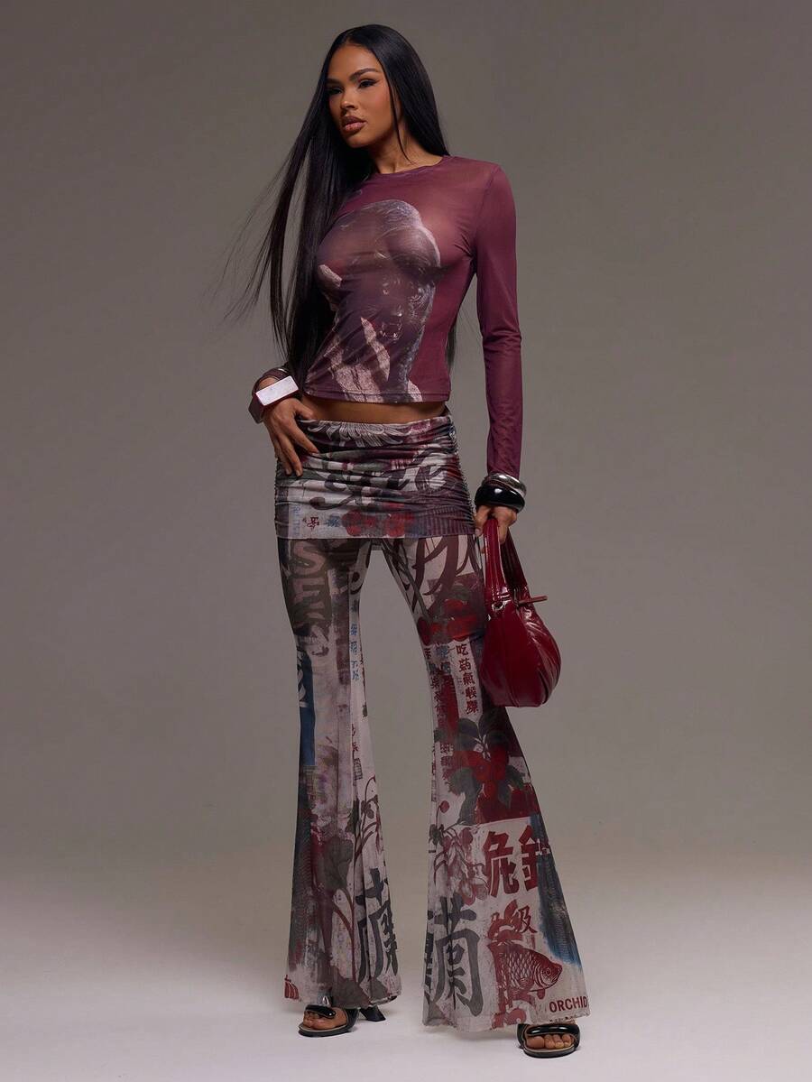 MUSERA 半身裙罩衫网纱印花修身喇叭裤酷女孩秋季外出性感女士派对优雅夏季休闲假日 - 彩色 - 查看 1