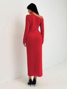 Rafferiza Phong cách blogger châu Âu và Mỹ mới, thiết kế vai bất đối xứng thanh lịch, họa tiết hoa ba chiều cầu kỳ, dáng ôm, đầm len dài tay suông, trang phục mùa thu cho nữ, trang phục đi chơi mùa đông cho nữ, trang phục thanh lịch, thời trang, thường ngày, đi làm, công sở, thư giãn, dễ phối đồ, trang phục công sở thanh lịch, trang phục giáo viên thành thị chuyên nghiệp. - Đỏ - Xem 2