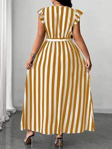 Maweii Plus Size Women Striped Overlap V-Neck Cap Sleeve Casual Dress - Orange - View 4