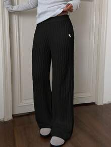 CovetEZ Women's Knight Pattern Elastic Waist Straight Loose Casual Knit Pants,Fall Pants Wide Leg Pleated Pants