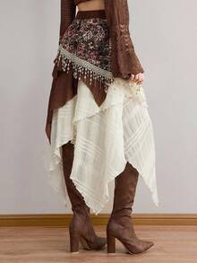 ROMWE Avant 女款复古森系田园风不对称下摆花卉蕾丝拼接中长裙 - 彩色 - 查看 5