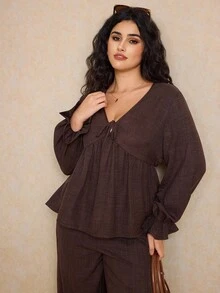 Elaquor Plus Size Solid Color Loose Long Sleeve Top And Wide Leg Pants 2 Pieces Set - Coffee Brown - View 3