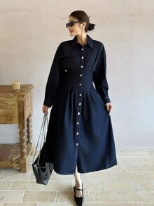 K-Vae 女装秋冬深色牛仔黑腰牛仔长裙，老款牛仔连衣裙，韩版，万圣节服装，别致秋季 - 深色水洗藍 - 查看 6