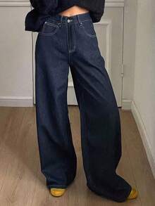 Livesso Women's Solid Color Wide Leg Loose Cargo Pocket Casual Jeans