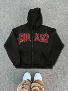 Manfinity Roghcode Manfinity Men Streetrush Letter & Animal Graphic Zip-Up Long Sleeve Hoodie Sweatshirt, Fall Winter