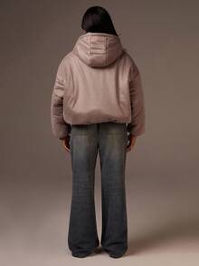 Athîral Women's Taupe Padded Outerwear Coat | Plush Microfiber Shell, Oversized Boxy Fit, High Stand Collar With Hood, Full-Length Sleeves, Minimalist Zip Front & Snap Closure, Quilted  Structure For Winter Warmth, Branded Brushed Peached High Neck Puffer Coat, Sporty, Winter Warm, New Year, Women's Winter Coat - Grey - View 2