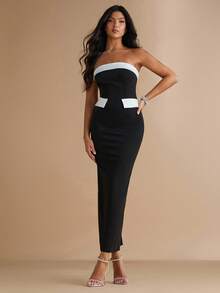 Silquee Váy viền màu tương phản thanh lịch thời trang dành cho nữ - màu đen - Xem 5