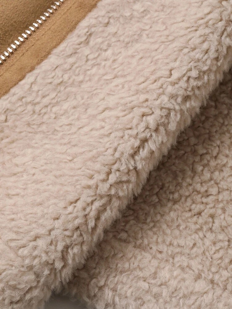 Women's Turndown Collar Contrast Color Loose Casual Fluffy Jacket Winter Thermal Lined Women Coats