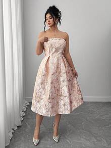 Elenzga 大码女式花卉提花褶皱设计优雅露肩连衣裙 - 粉色 - 查看 3