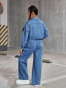 女童青少年新款水洗牛仔两件套，短款牛仔夹克 + 宽腿宽松牛仔裤，休闲装 - 中等水洗藍 - 查看 3