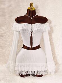 Amplova 女式纯色露肩长袖上衣和迷你裙两件套 - 杏色 - 查看 1