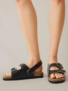 Solecia 女式带扣设计仿皮毛内衬休闲时尚厚底凉鞋 - 黑色 - 查看 10