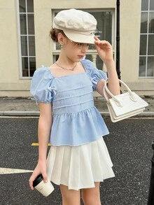 青少年女孩休闲泡泡袖蝴蝶结衬衫 - 藍色 - 查看 6