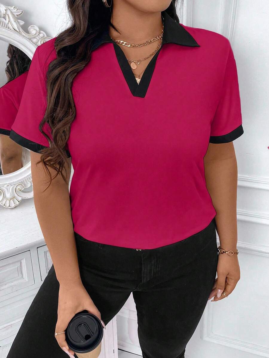 Elenzga Große Größen Lässig Farbblock Saum Kurzarm T-Shirt Grafik Oberteile Damen - Rot - Übersicht 1