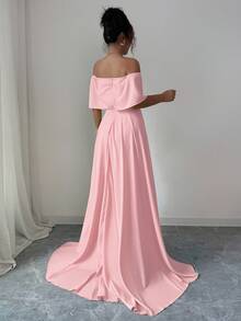 Elenzga 女士优雅露肩斗篷长裙，精致甜美的法式风格，适合初秋、返校、派对、教师装，黄色，S 型廓形，高开衩，鱼尾下摆 - 淺粉色 - 查看 2