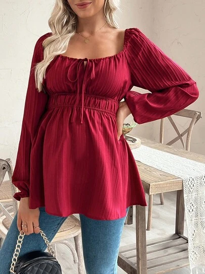 SHEIN 孕妇衬衫，纯色方领，系带腰部，长灯笼袖，荷叶边下摆，休闲衬衫