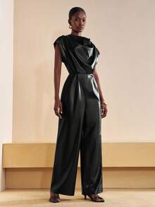 Zivah Black,Autumn,Elegant,Evening PU Jumpsuit,Women's Street Draped Neck Jumpsuit With Shoulder Pads Metal Decor Button,Western Style Versatile Party Wear - Black - View 6