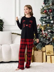 SHEIN 青少年女孩休闲可爱线条卡通印花圆领长袖上衣和格子图案裤子家居服套装，秋冬舒适，适合圣诞节家居服，红色格子家居服 - 紅色 - 查看 4