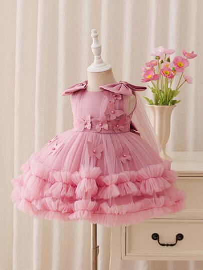 Glamorique Kids Toddler Girls' Cute Tulle Puff Skirt With Bow & Pearl Decor, Birthday Party Holiday Dance Princess Dress Fall Winter