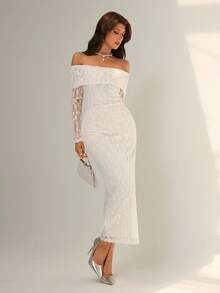 Almamuse 女士优雅露肩长袖蕾丝紧身连衣裙 - 白色 - 查看 4
