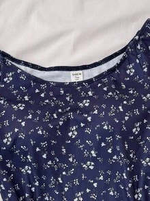 SHEIN 少女夏季海军蓝花卉露肩休闲 T 恤、家居服、学院风花卉 T 恤 - 藏蓝色 - 查看 3