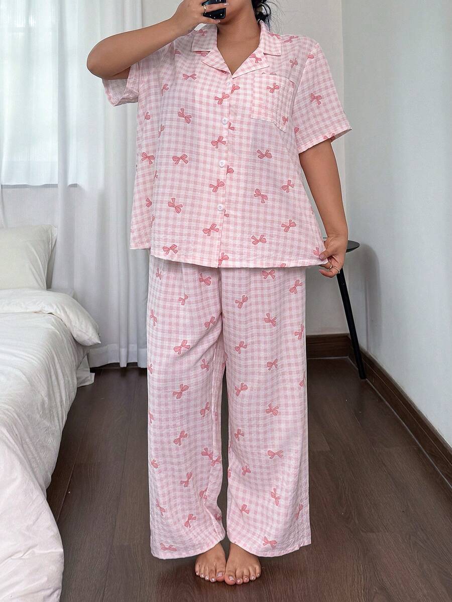 Napfluff CURVE 粉色蝴蝶结格子印花翻领短袖睡衣套装女士粉色睡衣套装格子睡衣套装蝴蝶结睡衣套装女士睡衣套装可爱睡衣套装舒适优雅细节 - 粉色 - 查看 1