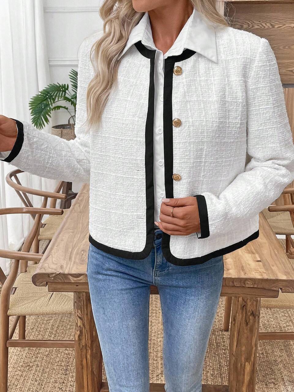 Women's Elegant Office Black And White Contrast Trim Regular Jacket,Casual Commuter Autumn Winter Coat,Fall Clothes For Women