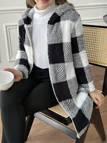 SHEIN Tween 女童双面格子和泰迪羊毛连帽拉链长款夹克，休闲时尚，适合周末出游，秋冬季 - 黑色 - 查看 10