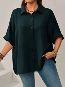 EMERY ROSE Chemise décontractée ample à manches chauve-souris et à simple boutonnage pour femmes de grande taille, couleur unie. Idéale pour les vacances, l'été. - Vert sapin - Voir 7