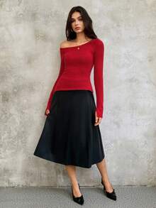 SHEIN Unity 女士纯色前卫不对称肩部性感不对称下摆长袖毛衣，秋冬/圣诞节女装 - 紅色 - 查看 2