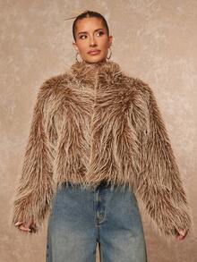 Lumalex Winter Fall For Women's Fashionable Short Fluffy Faux Fur Stand Collar Coat Holiday Vacation New Year's Party Night Out Dates Cute Halloween Costume For Women Wedding Guest Graduation Prom Business Casual For Women Teacher's Luxury Evenings For Women Elegant For Parties Birthday - Brown - View 5