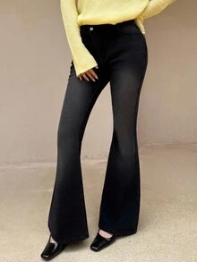 K-Vae 女秋冬不对称腰带保暖内衬喇叭裤，日常修身基础款，冬季搭配，新年装 - 黑色 - 查看 3