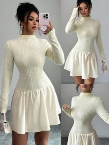 Elenzga 女式2025秋季优雅高端修身纹理面料长袖迷你连衣裙 - 淡黃色 - 查看 1