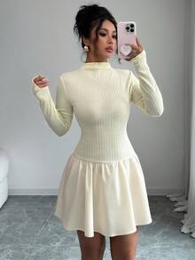 Elenzga 女式2025秋季优雅高端修身纹理面料长袖迷你连衣裙 - 淡黃色 - 查看 4