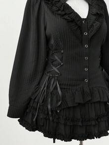 Sunspun Blusa de manga larga con cuello hueco asimétrico y volantes en el bajo, para mujer de talla grande, ropa de otoño - Negro - Ver 5