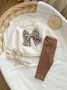 Newborn Baby Girl's Girls White Autumn Set,Leopard Print 3D Bow Knitted Sweatshirt And Thickened Elastic Waist Edge Winter Pants,Matching Family 2Pcs - Multicolor - View 8
