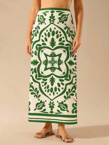CAJUNI Váy dài xẻ tà in họa tiết Boho cổ điển thường ngày dành cho nữ - màu xanh lá - Xem 3