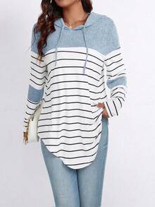 SHEIN PETITE Camiseta de manga larga casual de parches para mujer de talla pequeña en azul heather - Azul y blanco - Ver 4