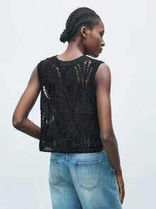 Maija 女士纯色无袖镂空针织上衣，波西米亚风格，适合海滩、海岛度假、音乐节、乡村风格外套、派对穿着 - 黑色 - 查看 8