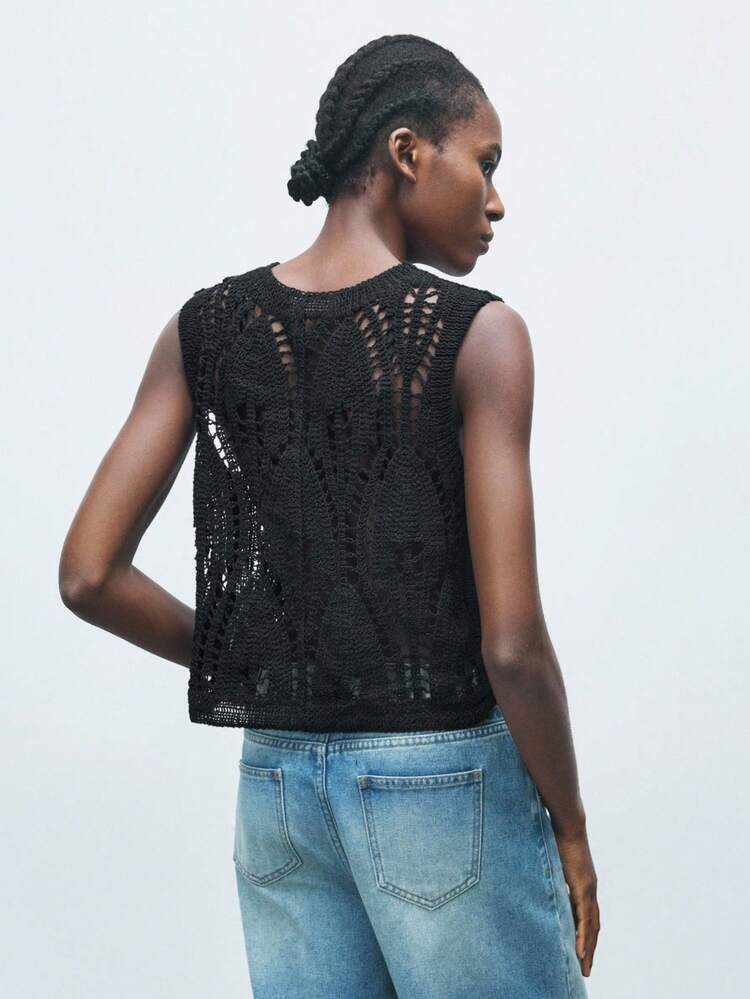 SHEIN Maija Women's Solid Color Sleeveless Hollow Out Knit Top, Bohemian Style For Beach, Island Resort, Music Festival, Country Style Outerwear, Party Wear